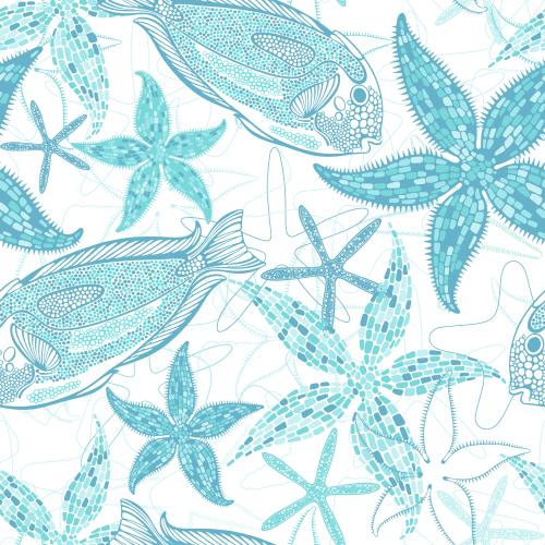Starfish. Vector Pattern tropical decorative fish and starfish on white