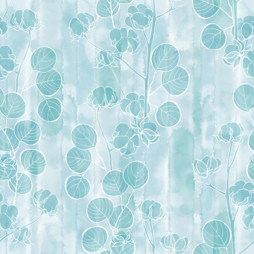 Eucalyptus. Vector cotton and eucalyptus branches on blue watercolor