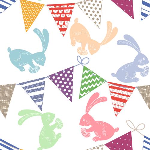 Rabbit. Vector cute rabbits with easter eggs and garlands with flags, multicolored silhouettes on white
