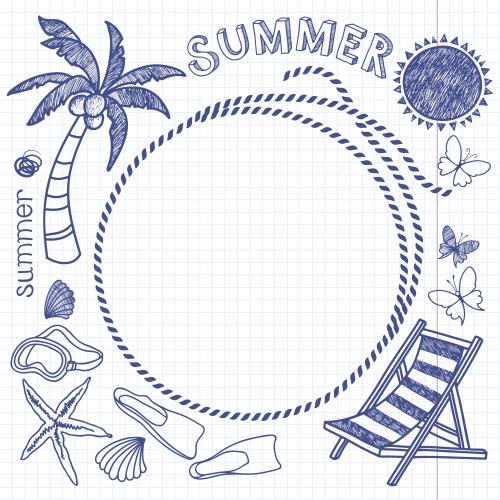 Starfish. Vector round frame from sea rope sun palm chaise lounge and other vacation elements on a graph paper notebook sheet
