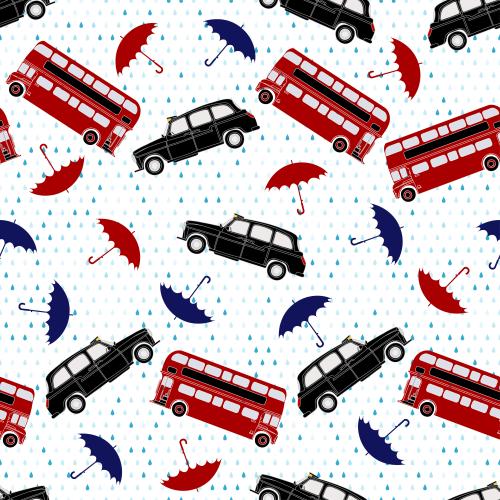 Cab. Vector red double-decker buses taxis multicolored umbrellas and raindrops on white