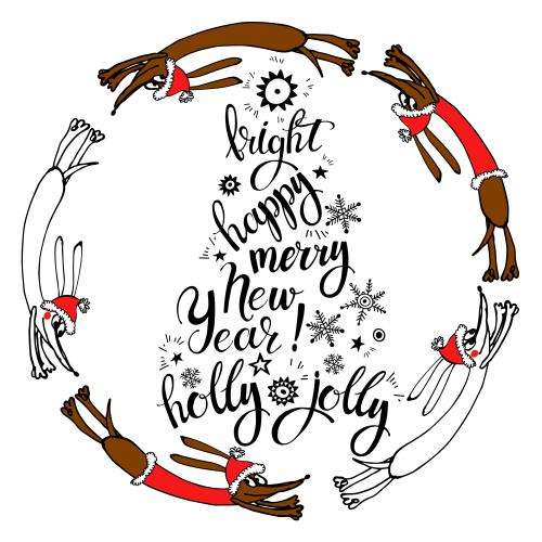 Vector image cartoon dogs in new year hats running in a circle text bright happy merry new year holly jolly on white