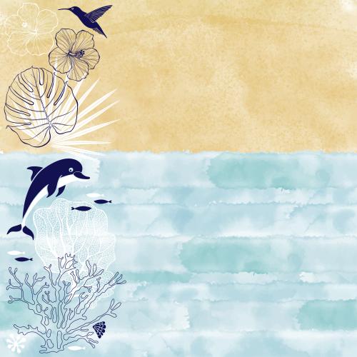 Vector image dolphin, fish, corals, hummingbird, hibiscus, palm leaves on watercolor