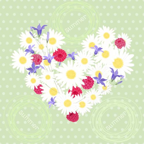 Pea. Vector bouquet of daisies bellflowers raspberry berries in the shape of a heart on green checkered