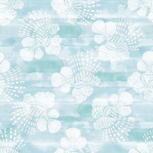 Vector image tropical lionfish, white silhouettes on blue watercolor