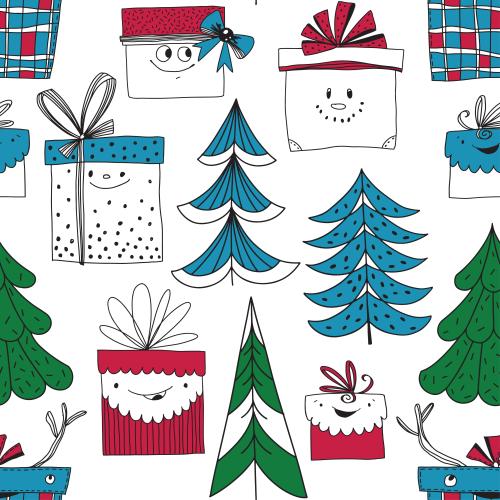 Illustration cartoonish gift boxes, stylized christmas trees on white