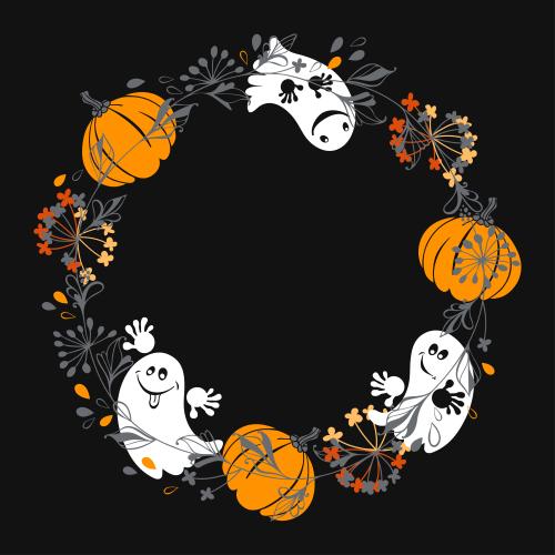 Frame. Vector cute ghosts pumpkins plants on black round frame