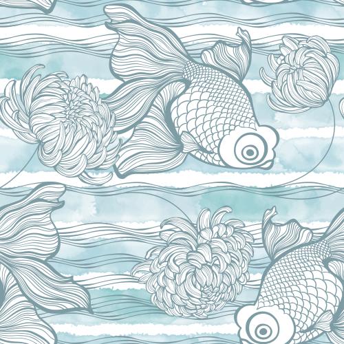 Chrysanthemum. Vector golden fish waves and chrysanthemums on white with blue watercolor stripes