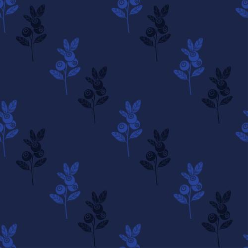 Bilberry. Vector blue silhouettes of blueberry twigs with berries on blue