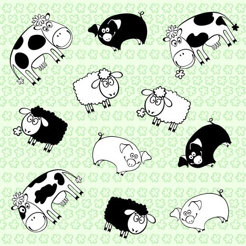 Animals. Vector cartoon cows, pigs and lambs on a flower field