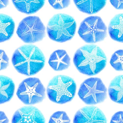 Raster image sea stars on blue-green watercolor circles on white