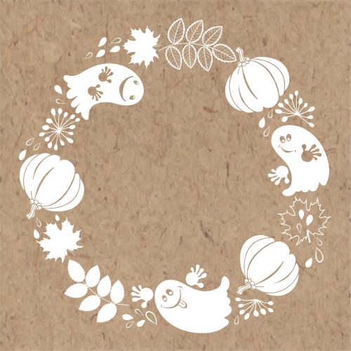 Autumn. Vector round frame with cute ghosts, pumpkins, maple leaves, raindrops on craft