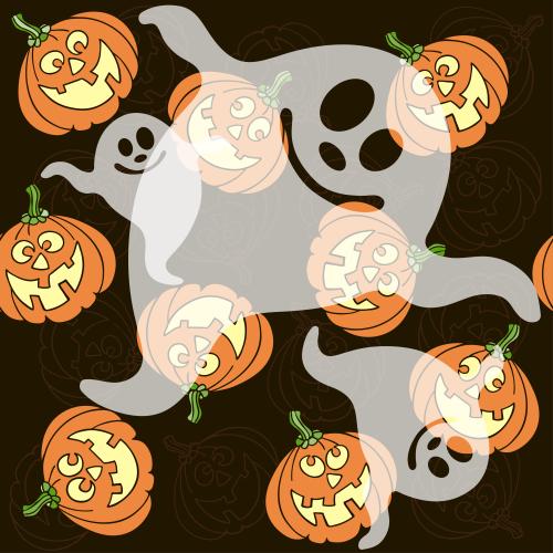 Autumn. Vector cute pumpkin lanterns and ghosts on dark brown