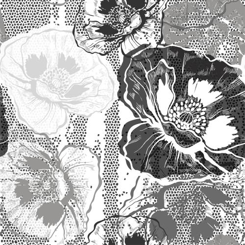Poppy. Vector poppies, contours and silhouettes on mosaic