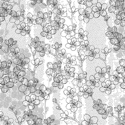 Mosaic. Vector blooming cherry blossom, monochrome contours and silhouettes on mosaic