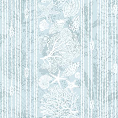 Vector image sea stars shells nautilus corals seaweed ropes ropes with sea knots on blue