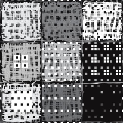 Square. Vector abstract geometric checkered squares and small square silhouettes on black
