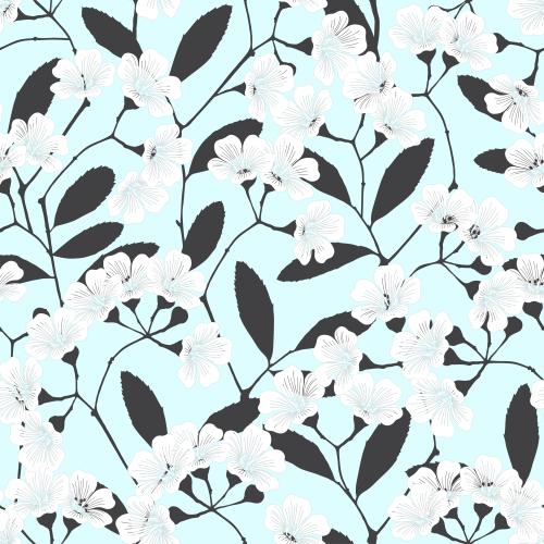Illustration black silhouettes of branches with white flowers on blue