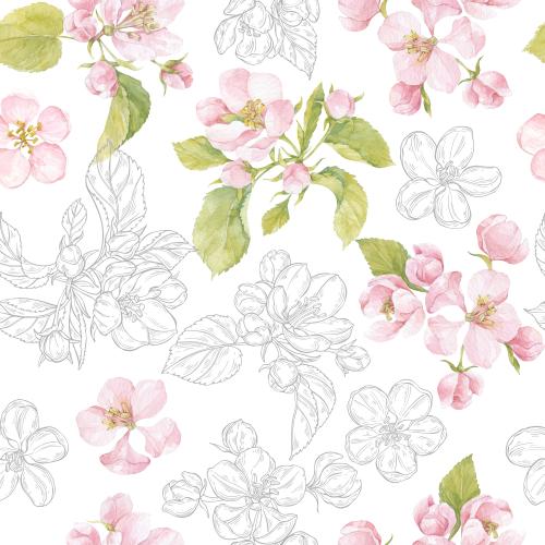 Raster image flowers and apple tree leaves, space for text on white