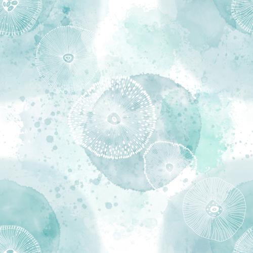 Raster image blue watercolor with abstract marine creatures