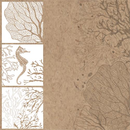 Illustration marine-themed composition with a seahorse aquatic plants and a place for text on craft paper