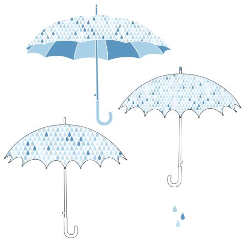 Drop. Vector umbrellas with raindrops on white, three options
