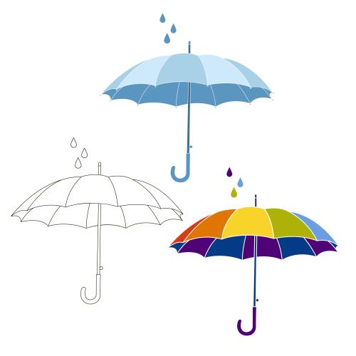 Drop. Vector umbrellas and drops contour and silhouettes on white