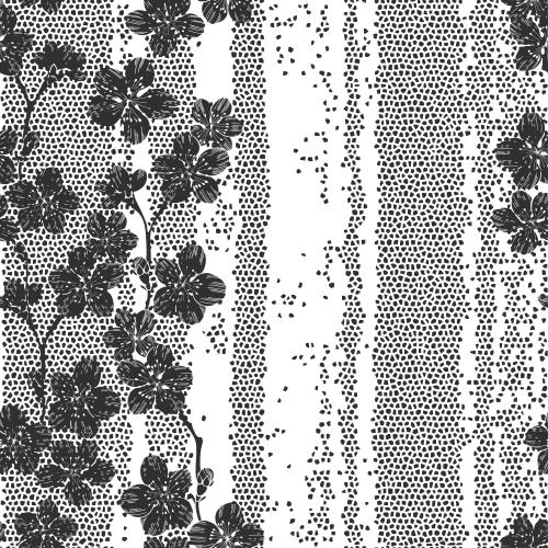Mosaic. Vector blooming sakura, black silhouettes on mosaic