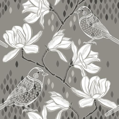 Magnolia. Vector flowering magnolia branch stylized birds decorative leaflets on gray