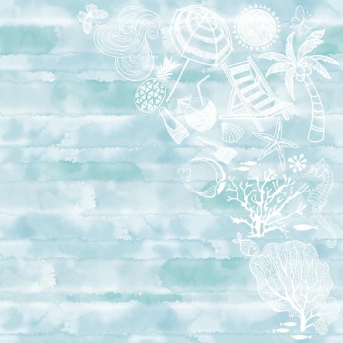 Vector image sun waves chaise lounge palm tree corals and other beach vacation symbols space for text on a blue watercolor