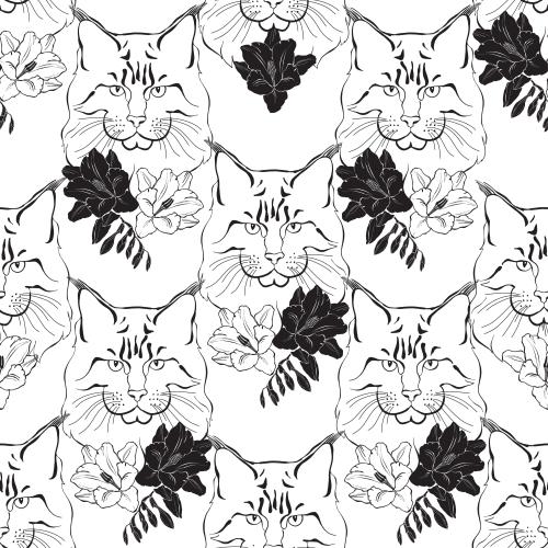 Freesia. Vector maine coon cat faces and friesia flowers on white