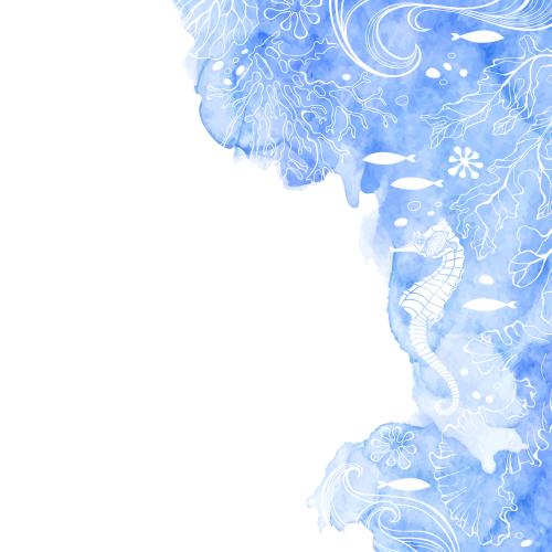 Seaweed. Vector underwater world seahorse fish seaweed corals waves on a blue watercolor text area on white