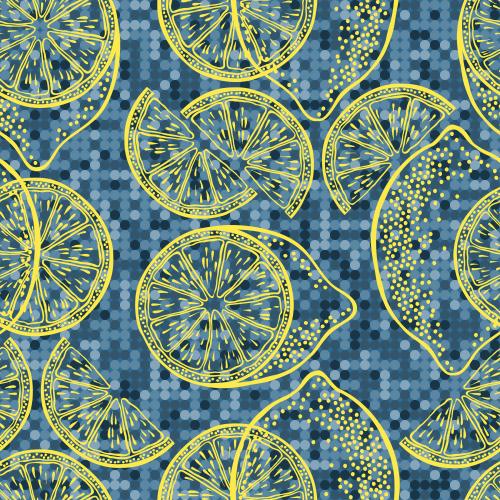 Lemon. Vector lemons, yellow outlines on blue in multicolored checkered