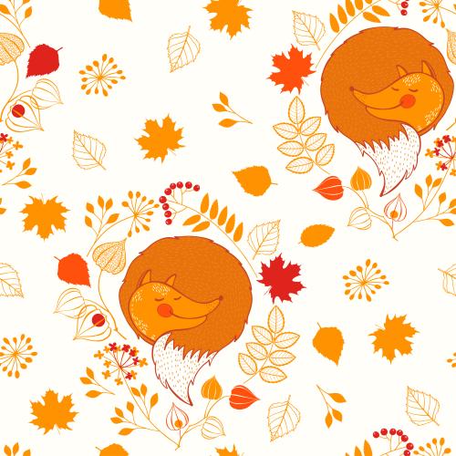 Fox. Vector sleeping foxes, autumn leaves and flowers on white