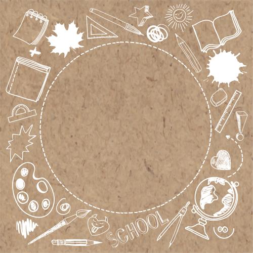 Notebook. Vector round frame with school supplies on craft, doodle style