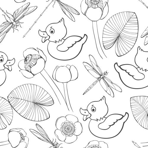 Vector image ducks dragonflies and water lilies on white