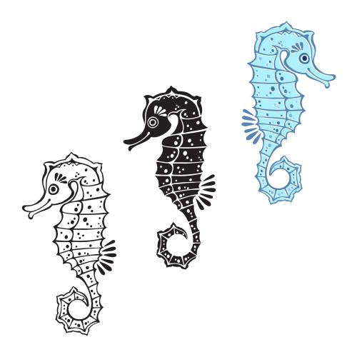 Black-white. Vector cartoonish sea horses colorful and black silhouettes outline drawing on white