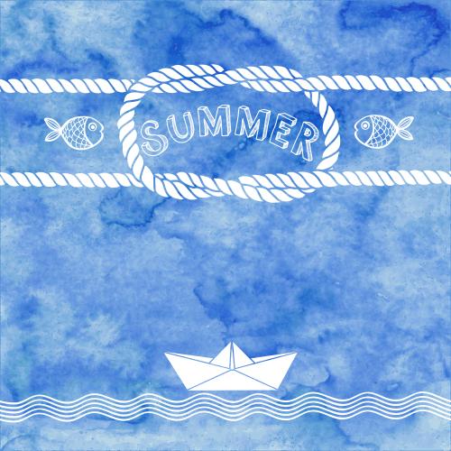 Paper boat. Vector nautical theme composition with a nautical knot, fish, paper ship, waves, and a place for text on blue watercolor