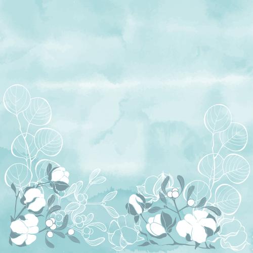 Cotton. Vector composition of cotton twigs eucalyptus mistletoe and a place for text on blue watercolor