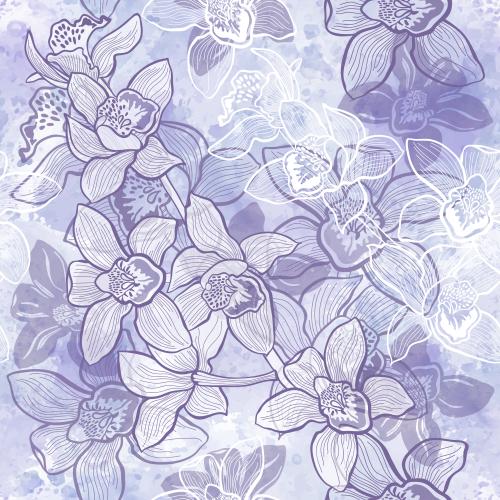 Orchid. Vector orchids, contours and silhouettes on lavender watercolor