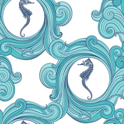 Illustration sea horses decorative waves on white