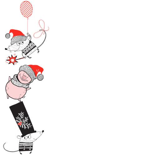 Vector image cartoon mice and a piglet in new year's caps, space for text on white
