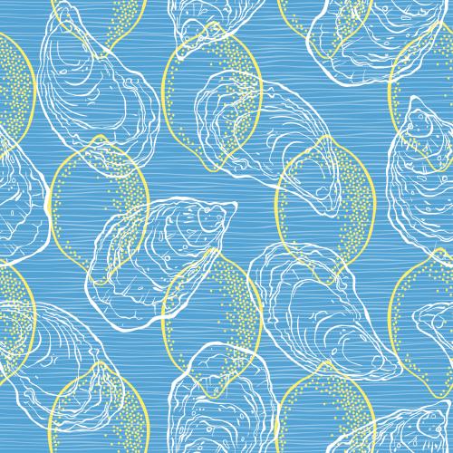 Vector image oysters and lemons, contours on blue striped