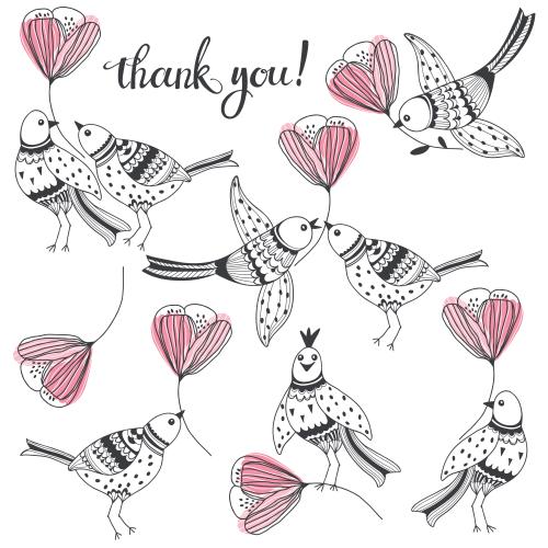 Illustration cute animated birds with flowers, various options on white