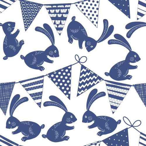 Rabbit. Vector cute bunnies and garlands with flags, blue silhouettes on white