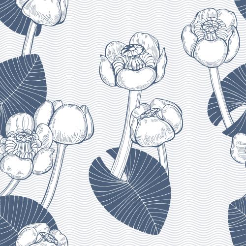 Wavy. Vector water lilies on blue waves