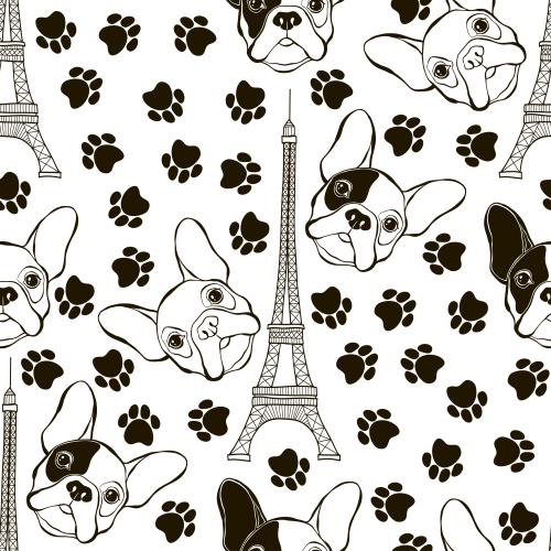 Eiffel tower. Vector faces of french bulldogs paw prints eiffel tower on white