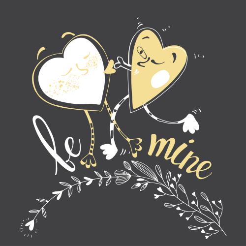 Vector image kissing cartoon hearts, inscription "be mine" on black