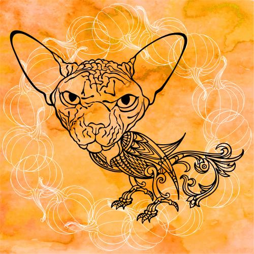 Vector image fantasy animal with a cat's head and a bird's body pumpkins on an orange watercolor