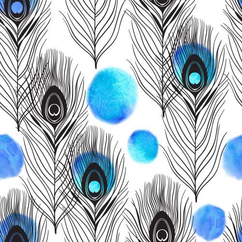 Raster image black silhouettes of peacock feathers, watercolor blue spots on white